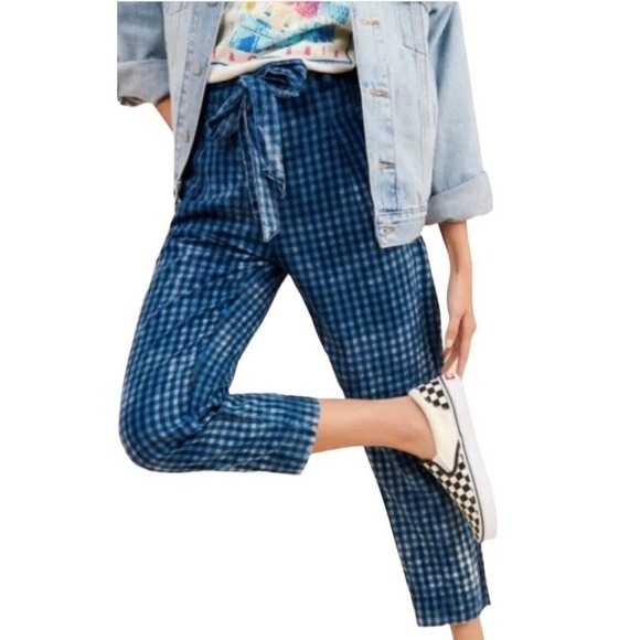 ANTHROPOLOGIE Maeve Avryl Blue Plaid Bleached Slim Paper Bag Pants Size 2 - Picture 16 of 16